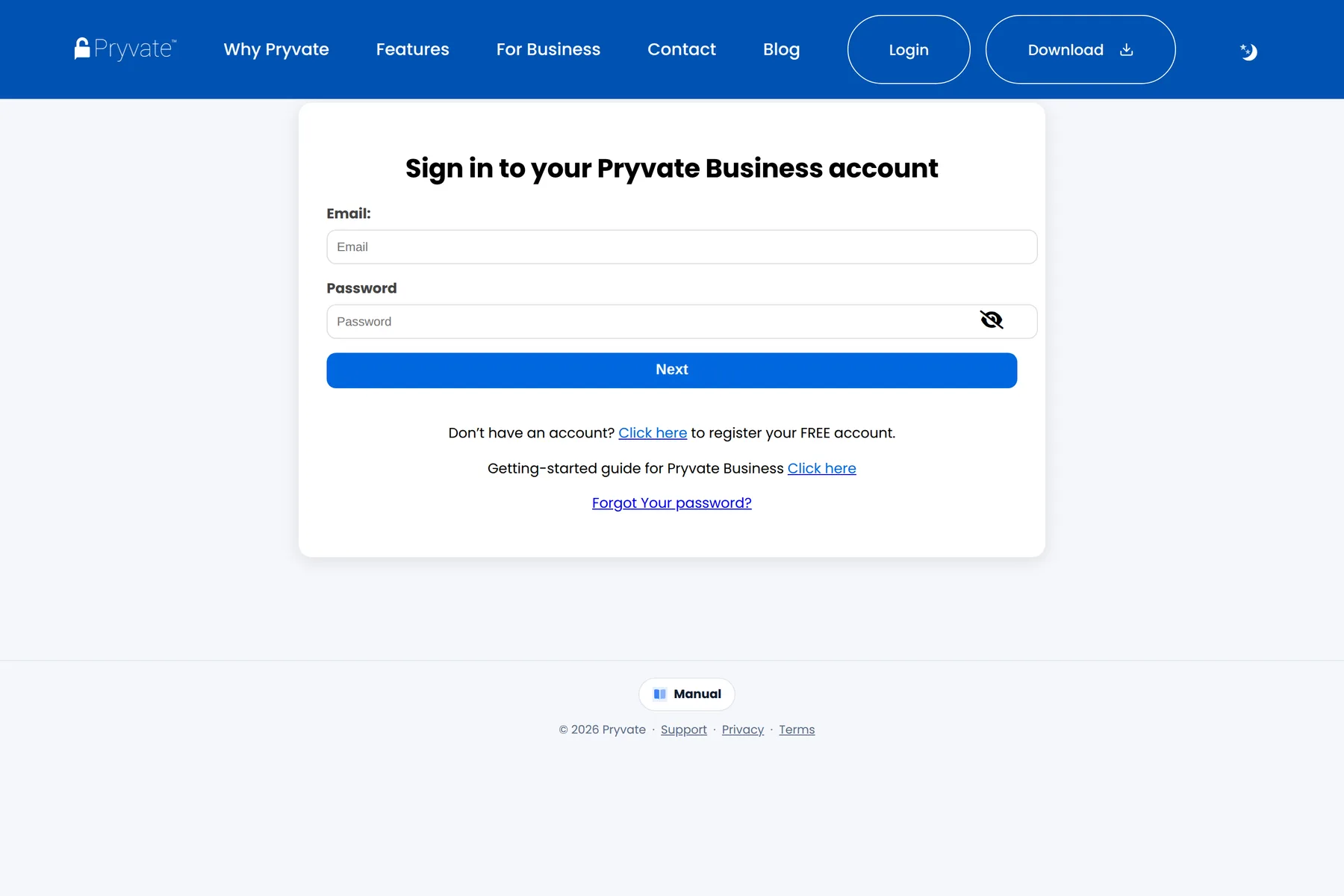 The Pryvate Business sign-in page.