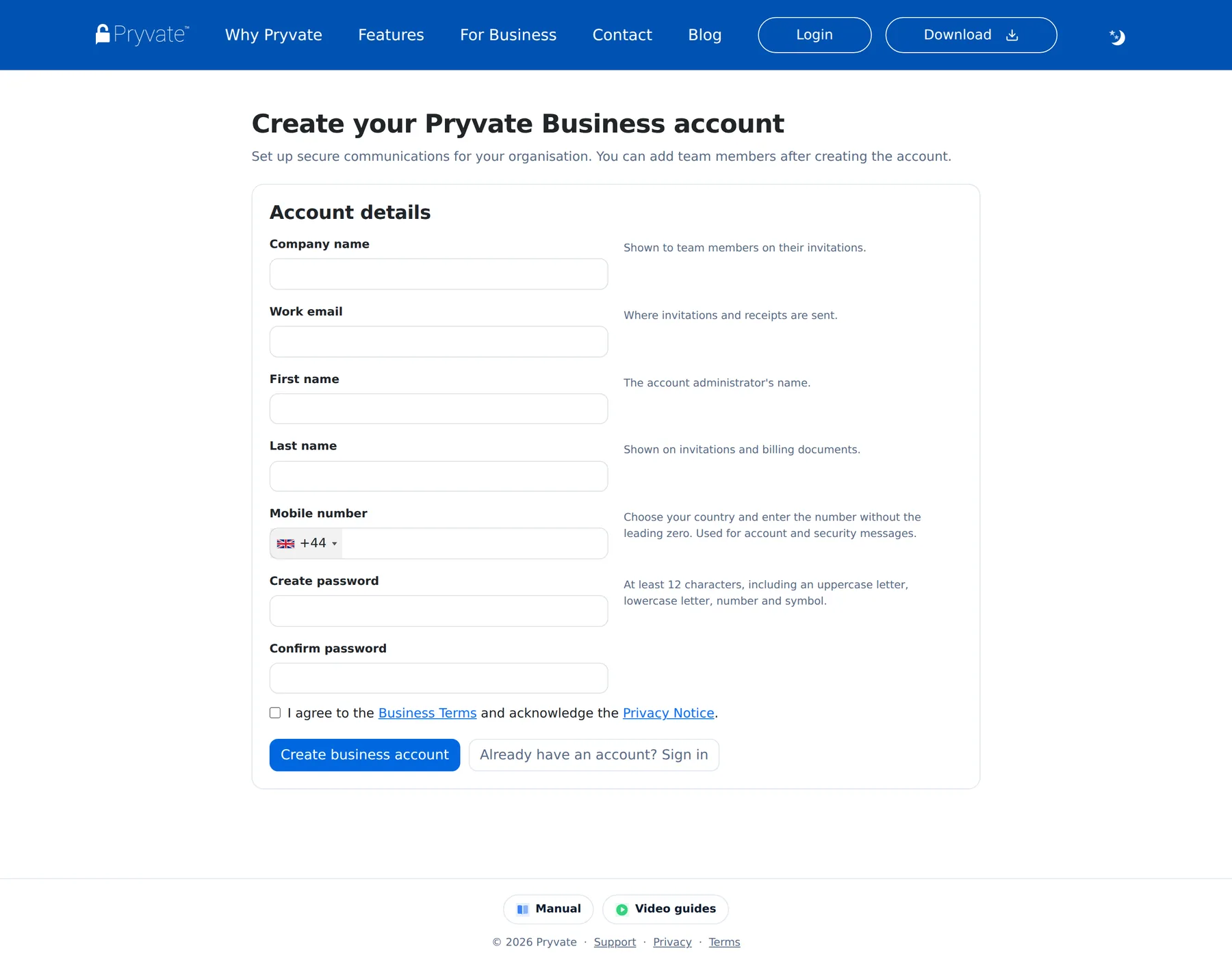 The Pryvate Business registration page.