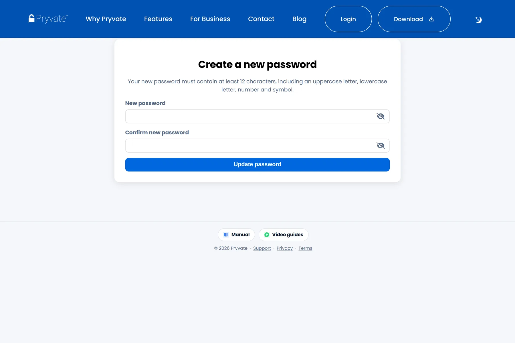 Choosing a new password from the emailed link.