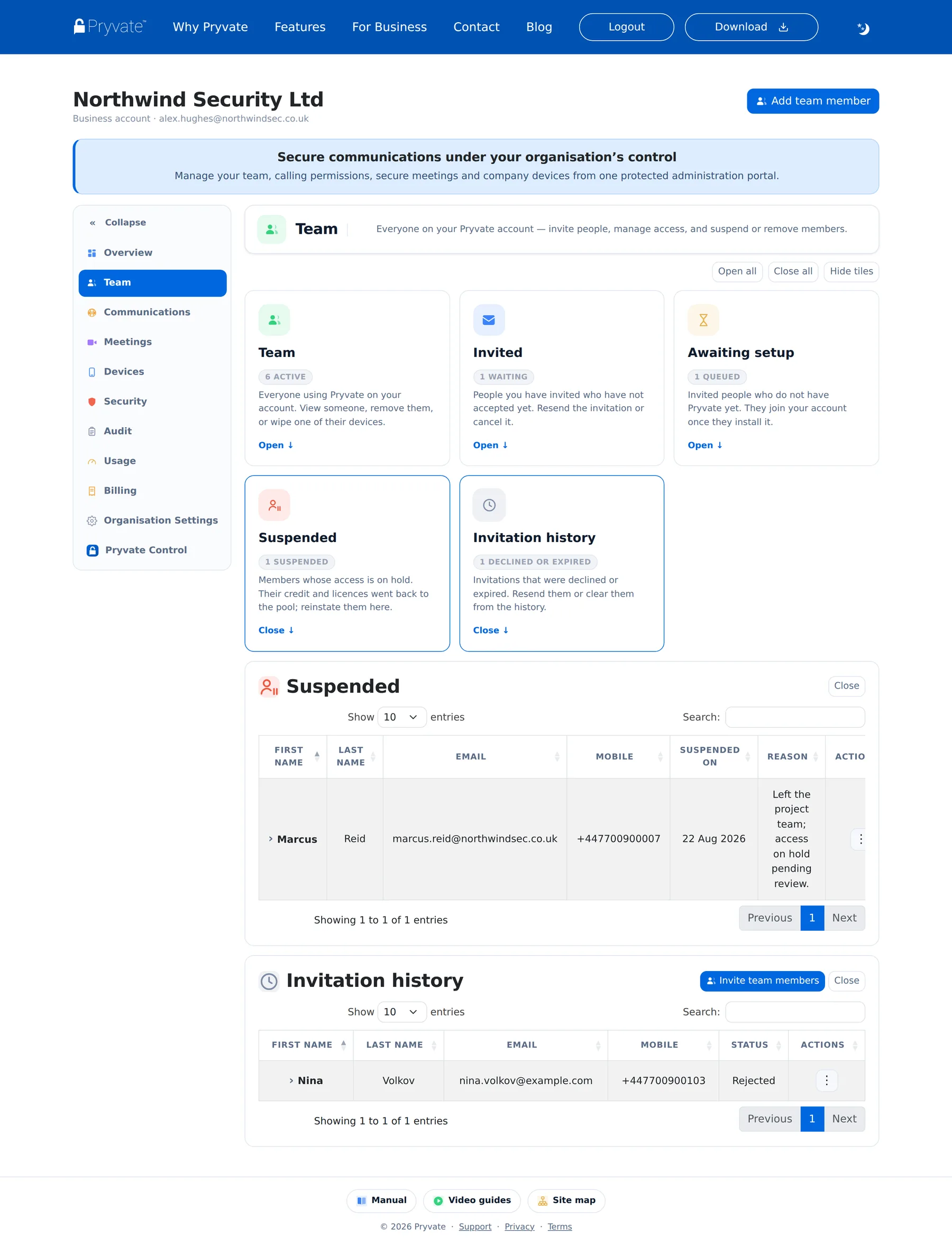 The Suspended and Invitation history lists.