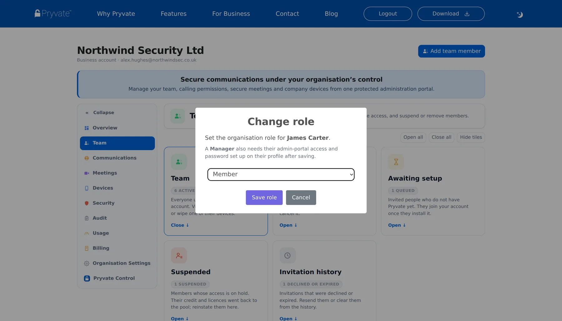 The Change role dialog from the Team table.