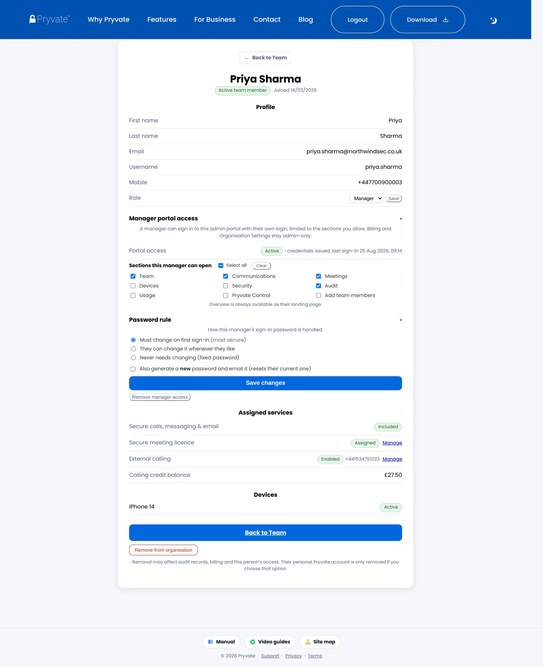 A manager's profile with section permissions and password rule.