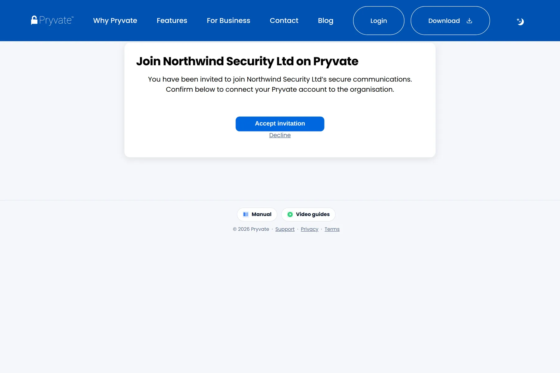 The acceptance page an existing Pryvate user sees.