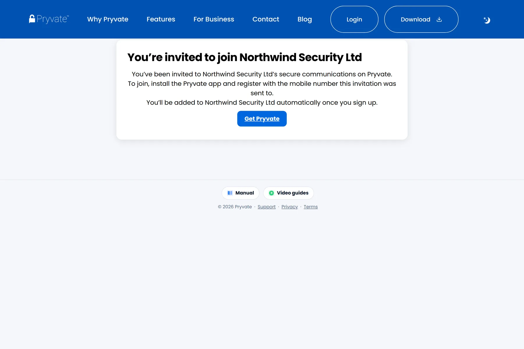 The page shown to someone not yet on Pryvate.