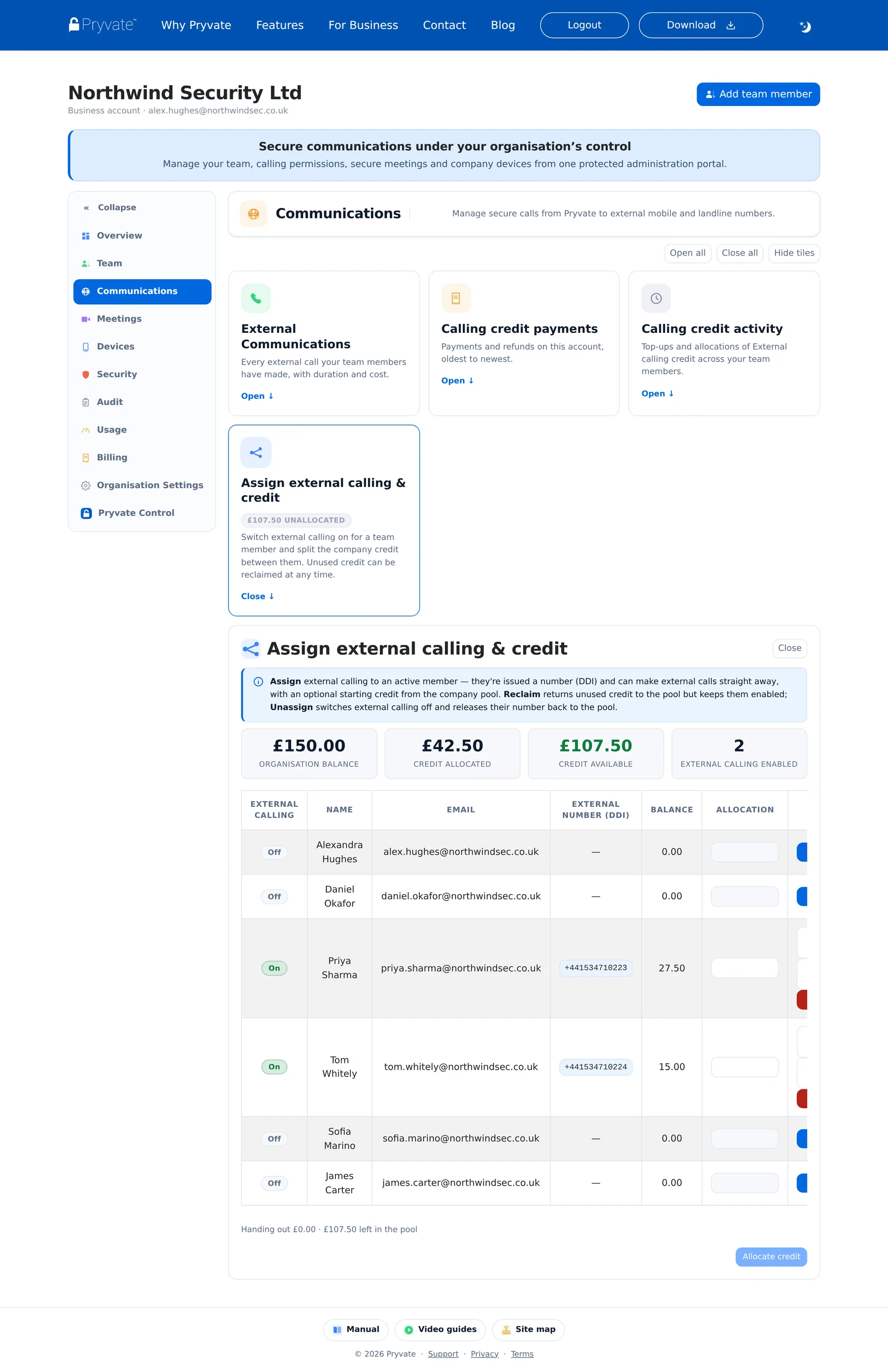 The assign external calling and credit panel.