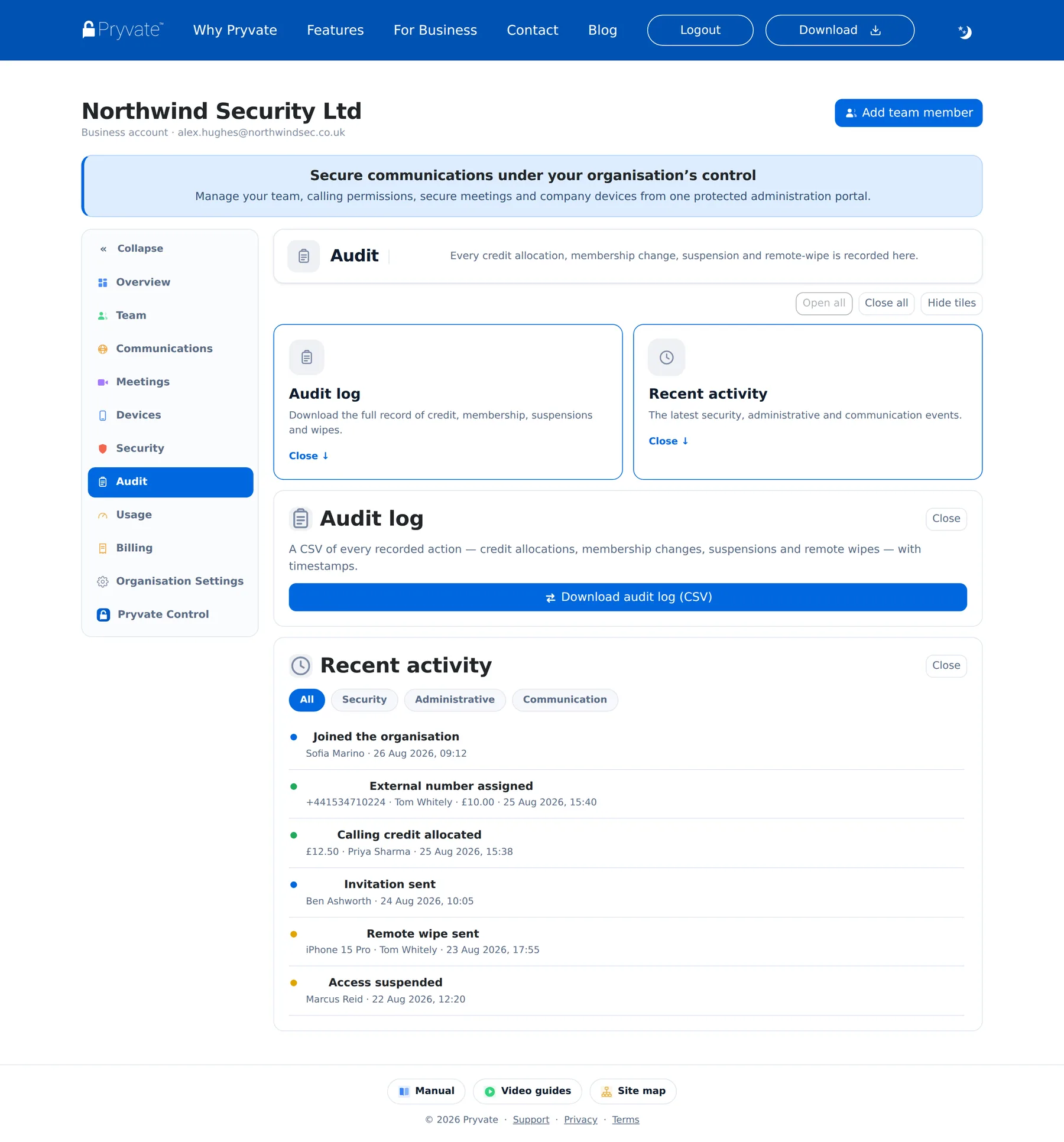The Audit area with the activity feed.
