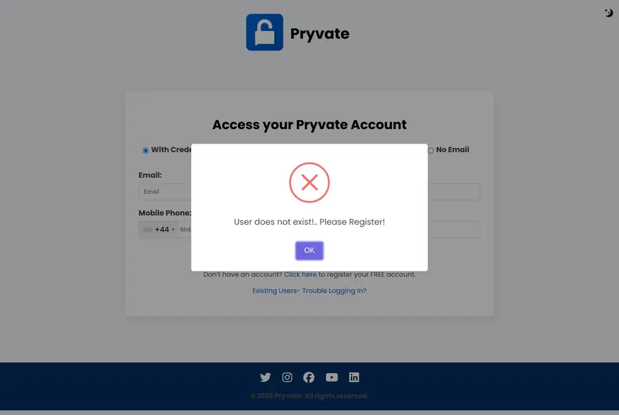 If the details do not match an account, the page says so and offers to take you to registration.
