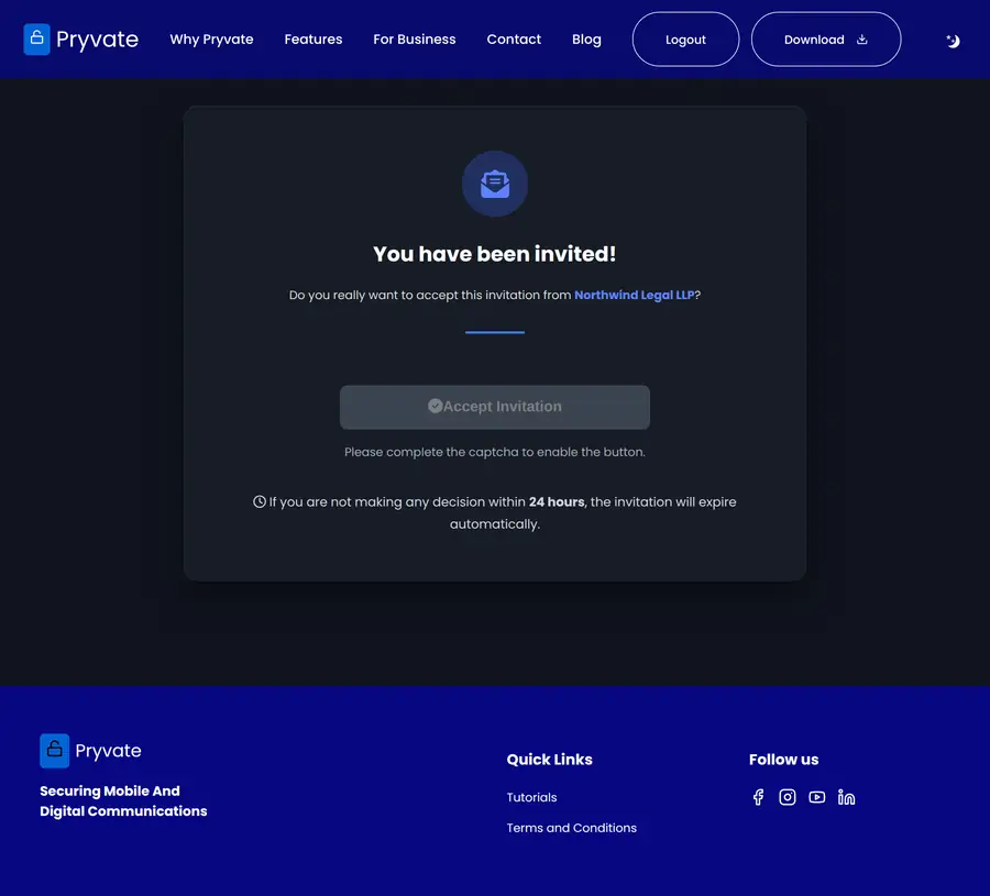 The invitation page. The company's name is shown so you can check it is the one you expect.