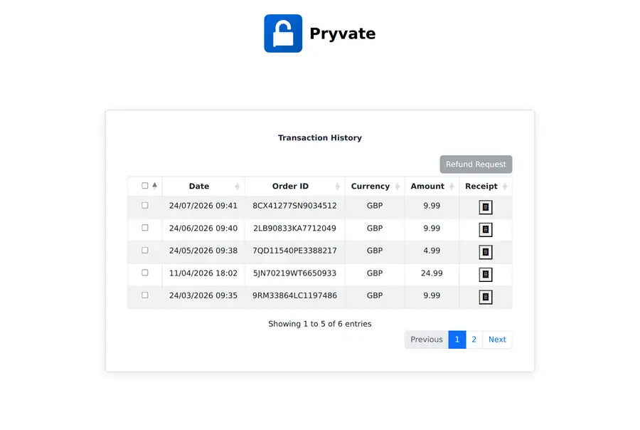 Payment history. Tick a row to enable the Refund Request button.