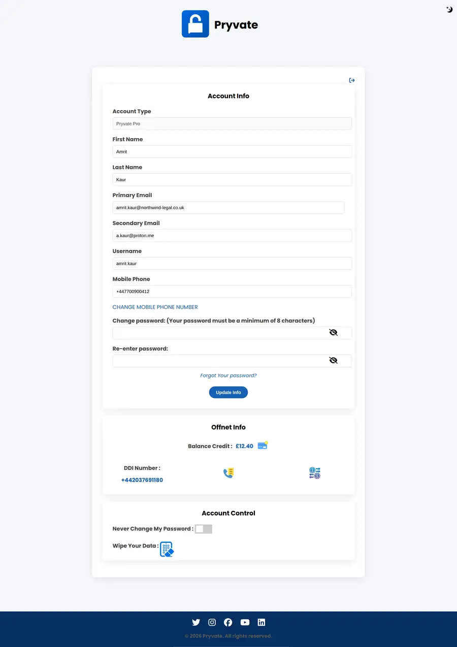 The account page for a Standard account with an Offnet number and Remote Wipe active.