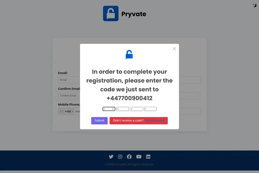 Confirming the code finishes registration. You can then install the app and sign in on your phone.