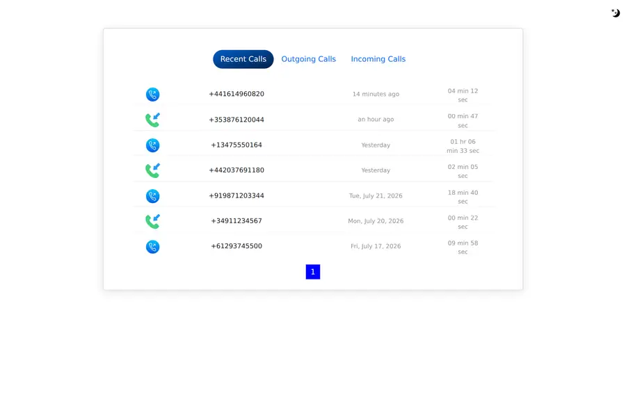 Call history, split into Recent, Outgoing and Incoming.
